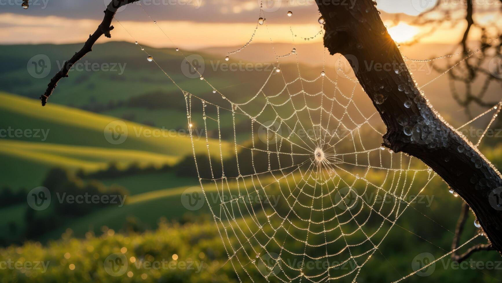 Spiderweb Covered in Dew Drops at Sunrise Over Green Hills photo