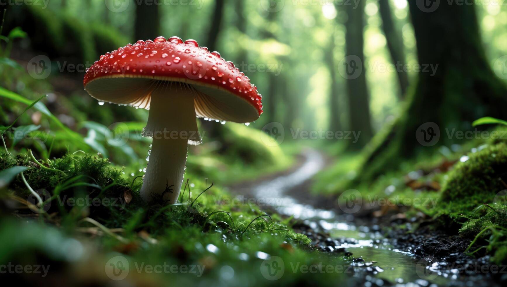Red Mushroom on Mossy Forest Floor Near a Flowing Creek photo