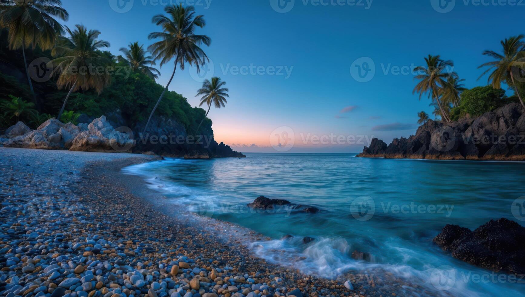 Tropical Beach with Palm Trees and Gentle Waves at Dusk photo