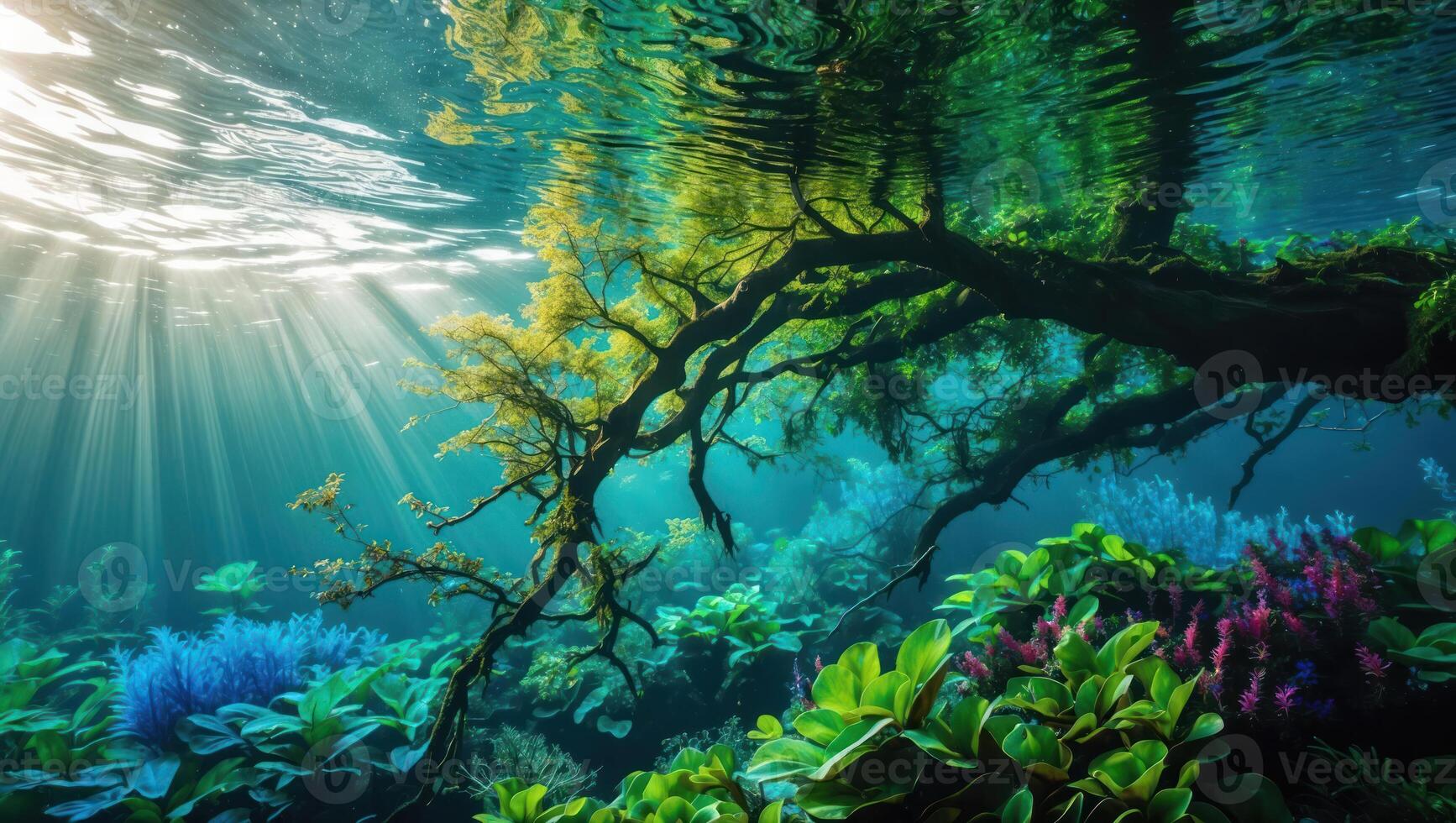 Underwater Tree and Plant Life with Sunlight Rays Streaming Through photo