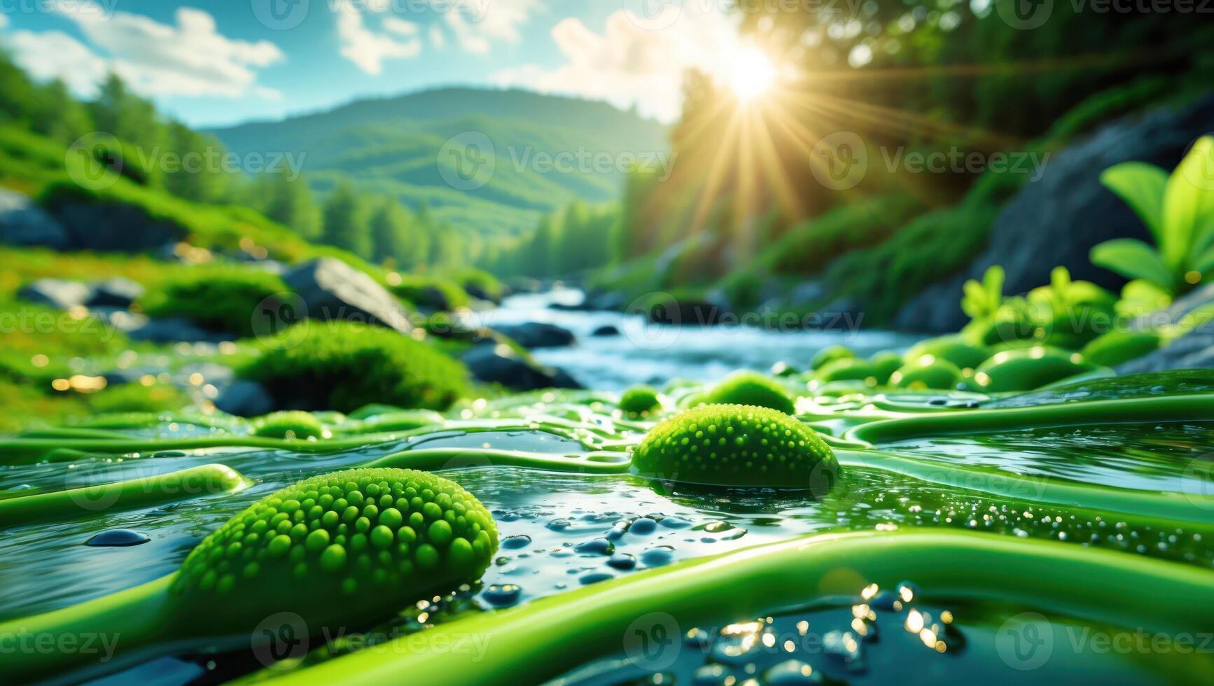 Green Mossy River Rocks with Sunlight Flowing Through Mountain Landscape photo