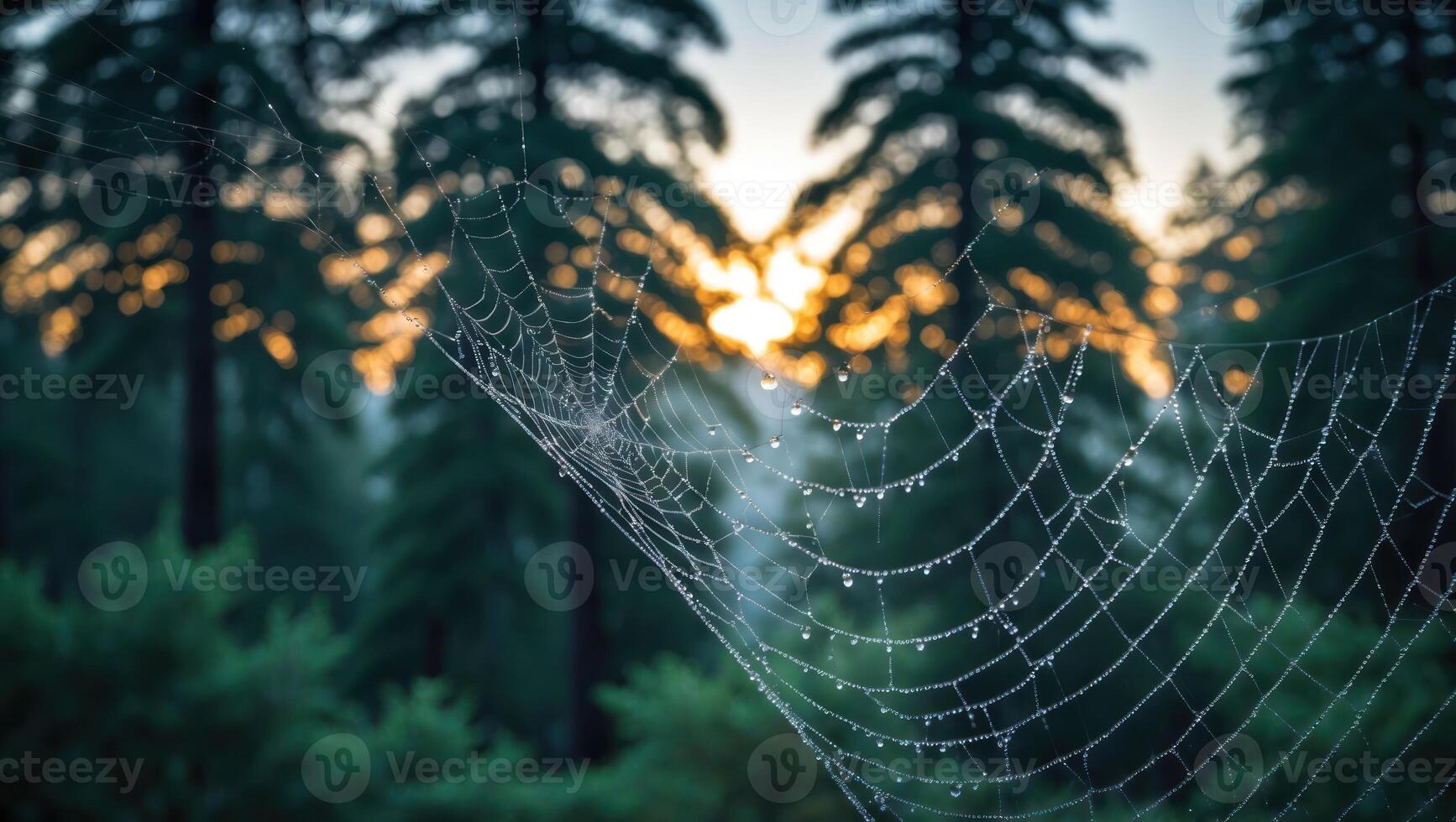 Spiderweb Covered in Dew Drops with Forest and Sunrise Backdrop photo