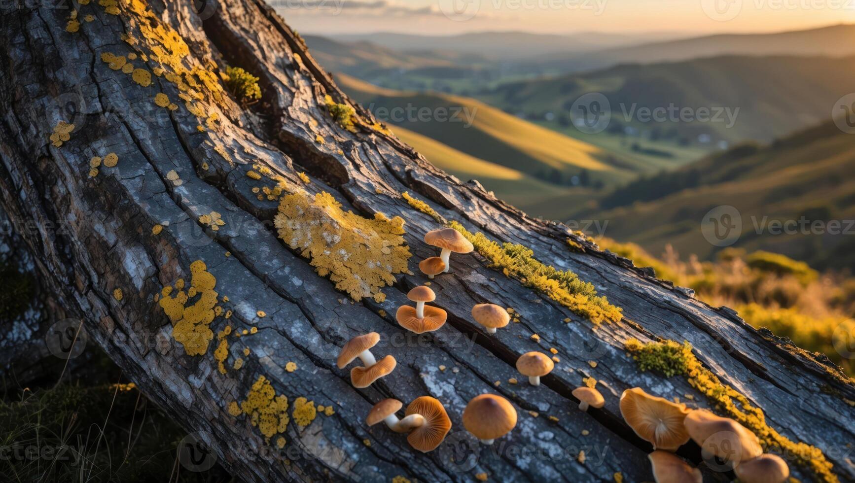 Mushrooms Growing on Fallen Tree with Hills in the Distance photo