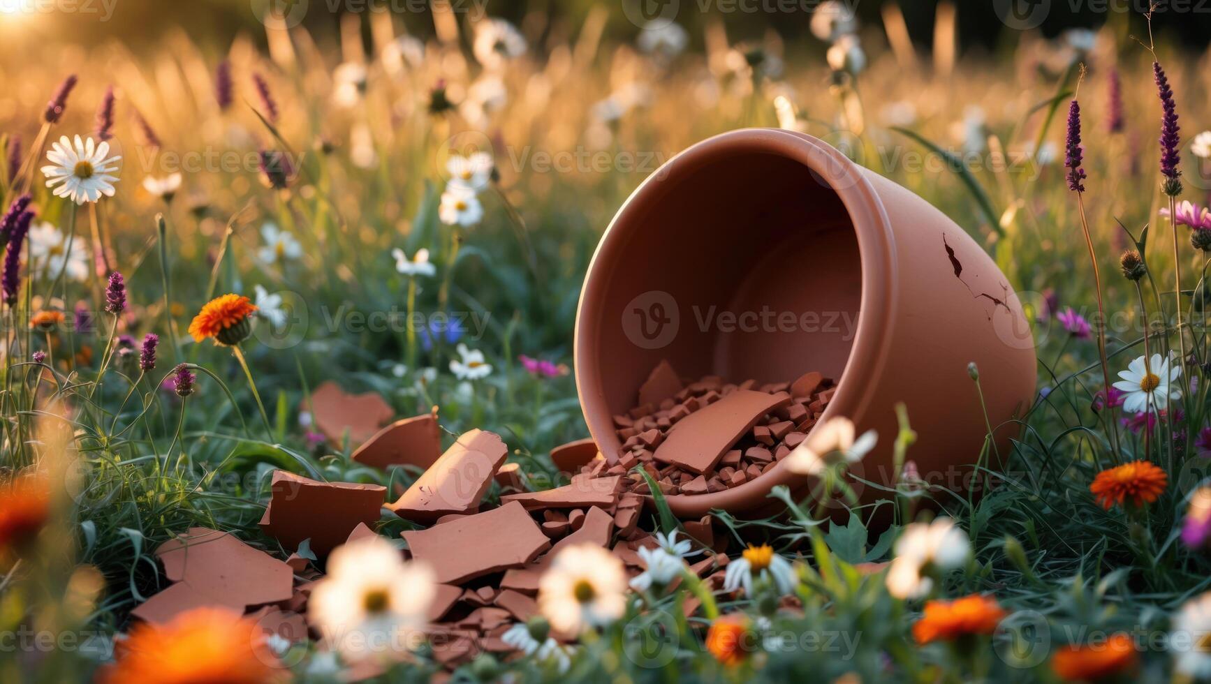 Overturned Flower Pot with Broken Pieces Amongst Wildflowers in Meadow photo