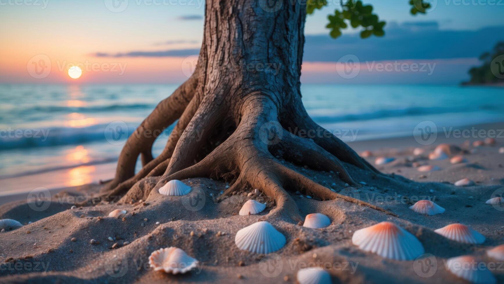 Tree Roots on Sandy Beach at Sunset with Seashells Around photo