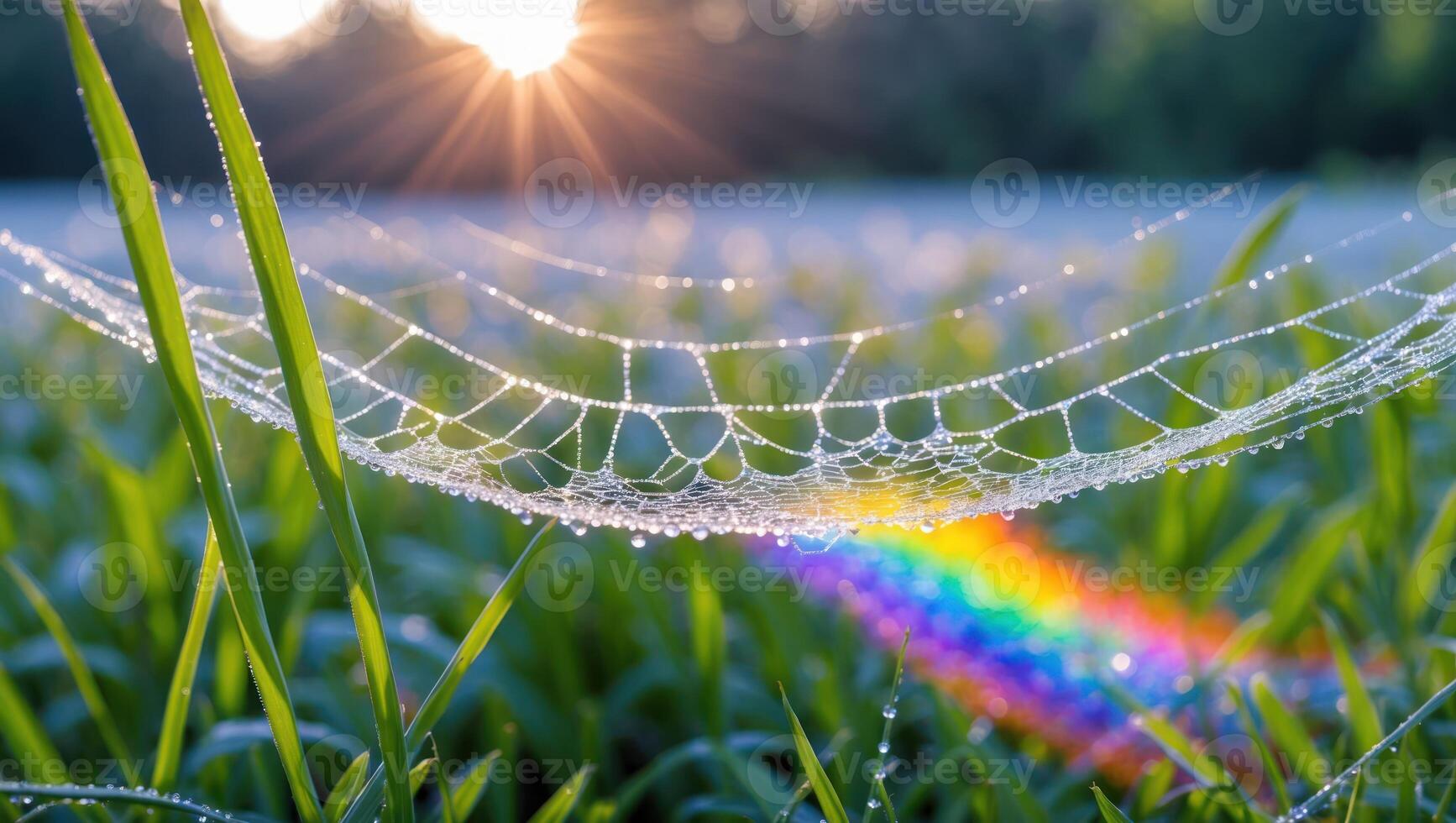 Spiderweb with Water Droplets and Rainbow Light in Green Grass Field photo