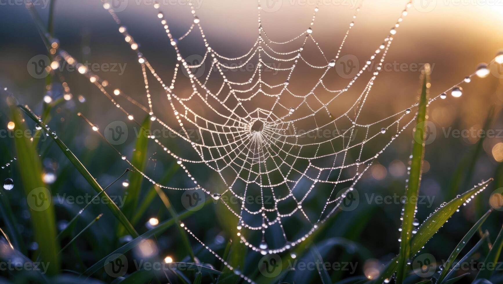 Spiderweb Covered in Dew Drops Shines in Morning Light on Grass photo