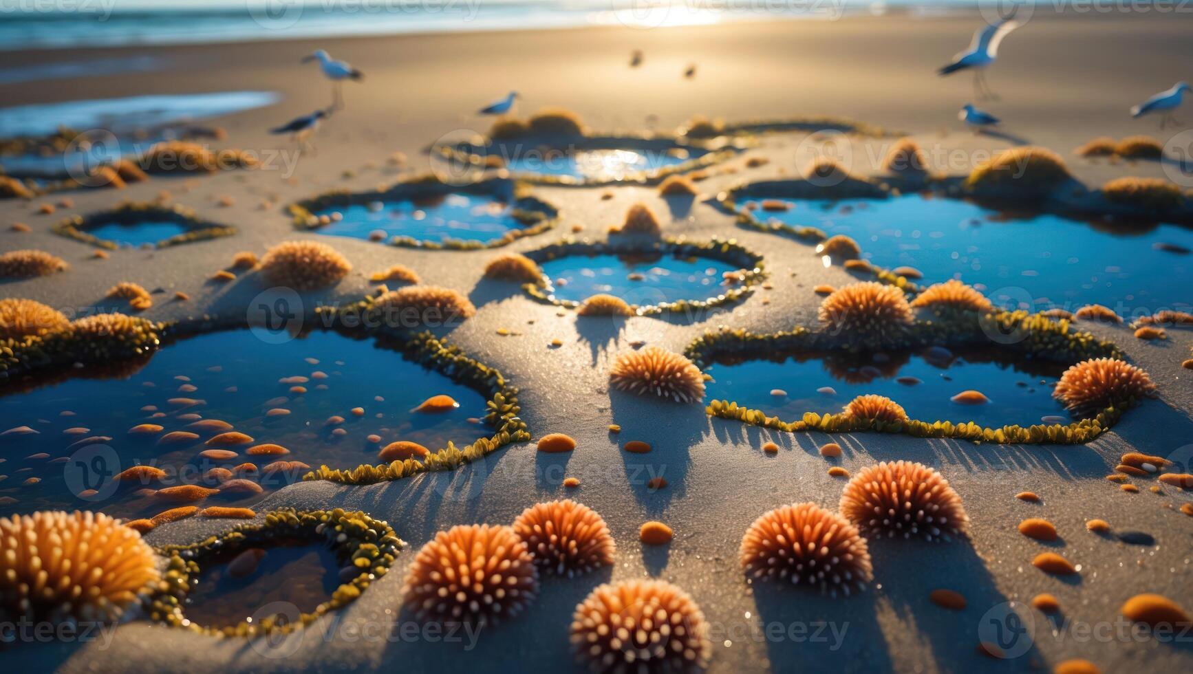 Walking on Sandy Beach with Tide Pools and Organisms at Sunset photo