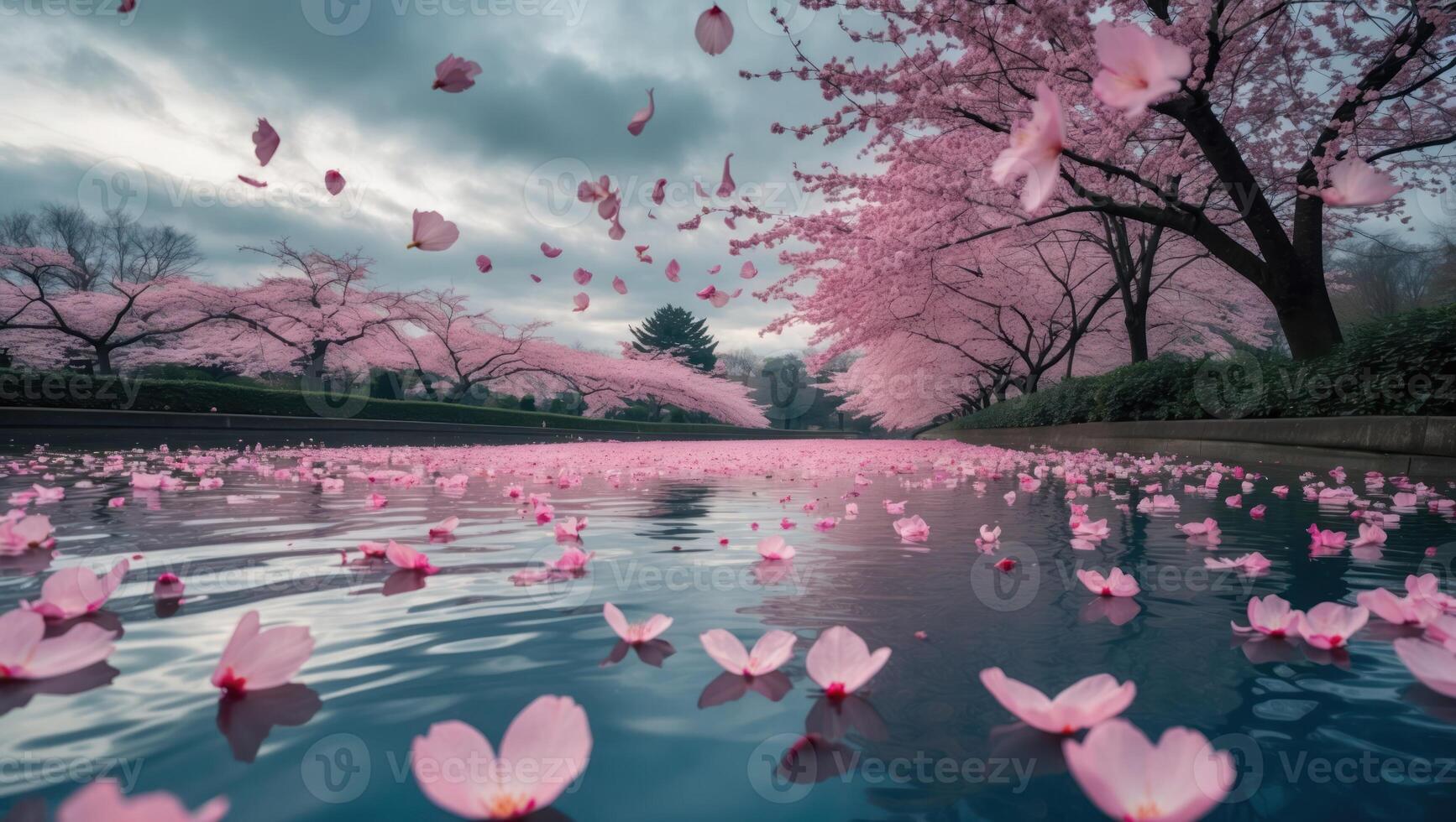 Flowering Cherry Trees with Petals Falling Onto Tranquil Water Surface photo