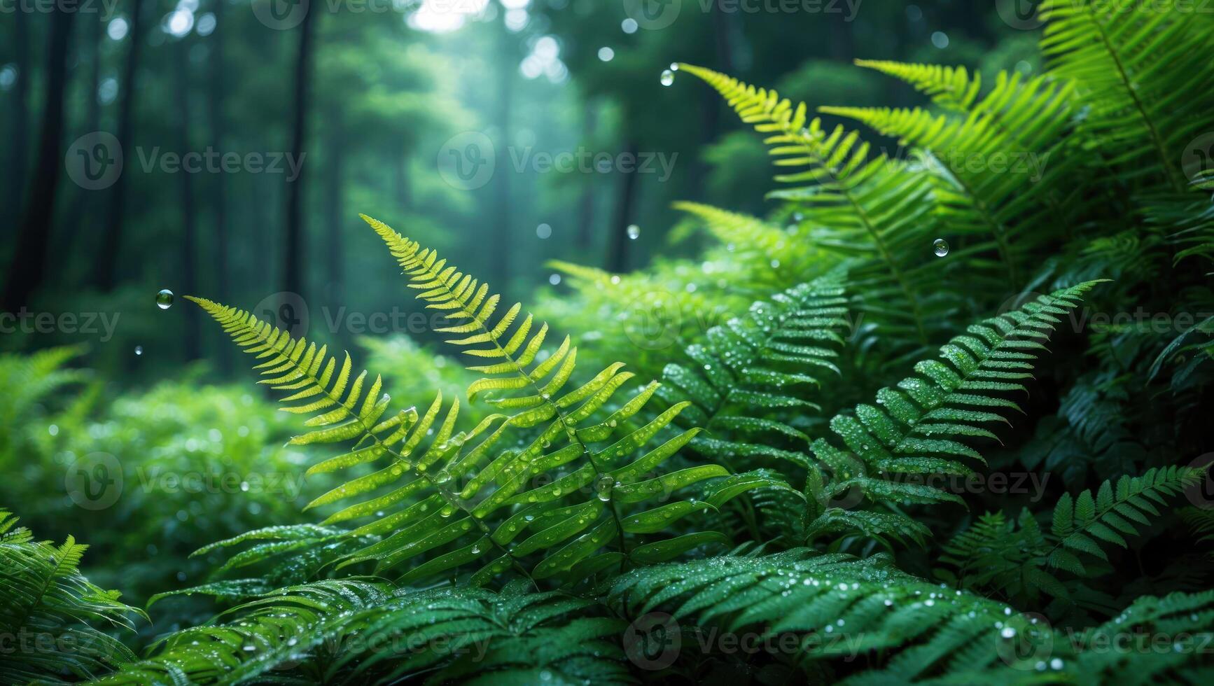 Lush Ferns with Raindrops in a Green Forest Setting photo
