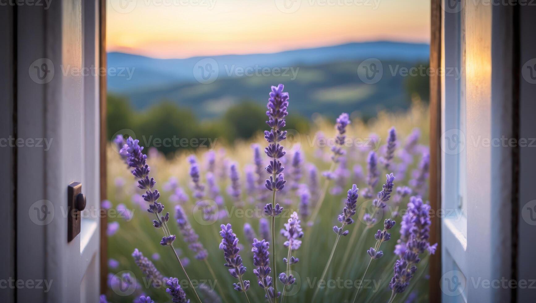 Lavender Field View Through Open Door Frame at Sunset Serenity photo