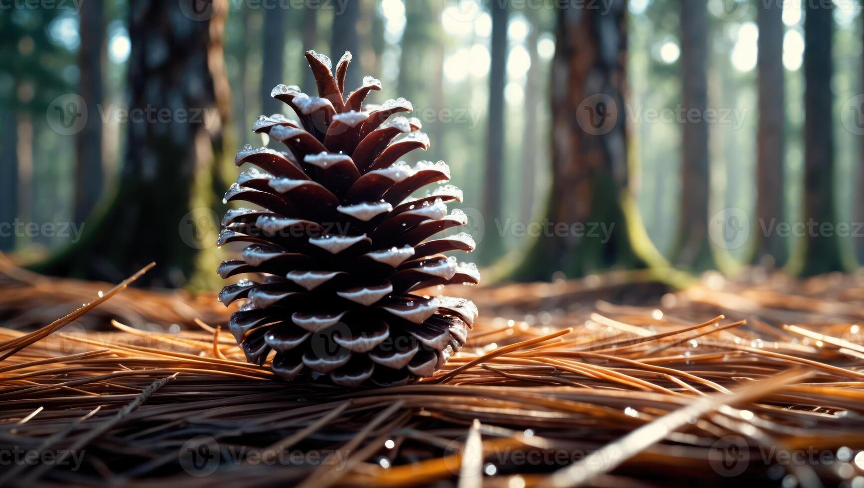 Pine Cone Resting on Needles in a Forest with Sunlight photo