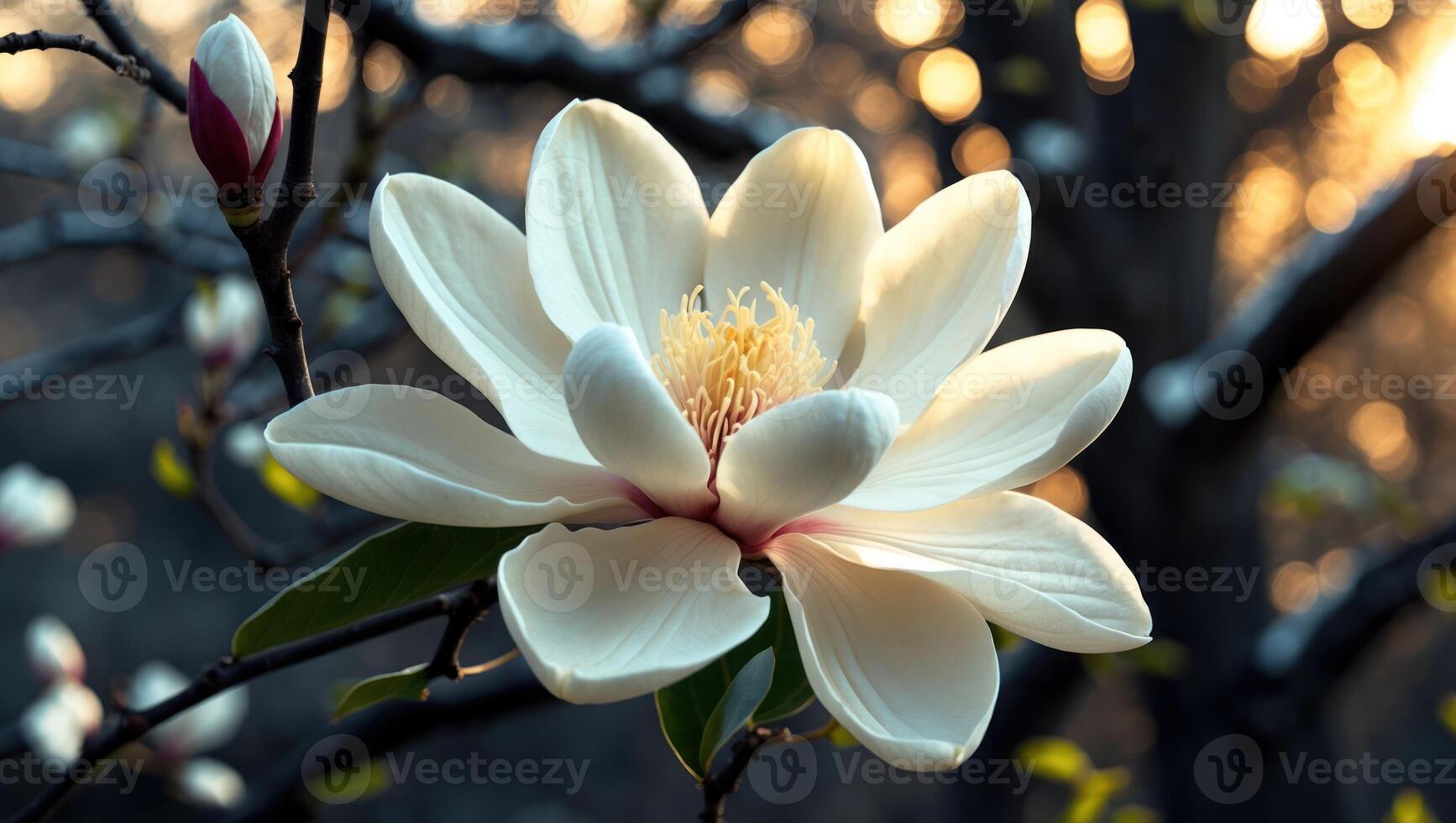 Blooming White Flower with Bud Against Blurred Background in Natural Light photo