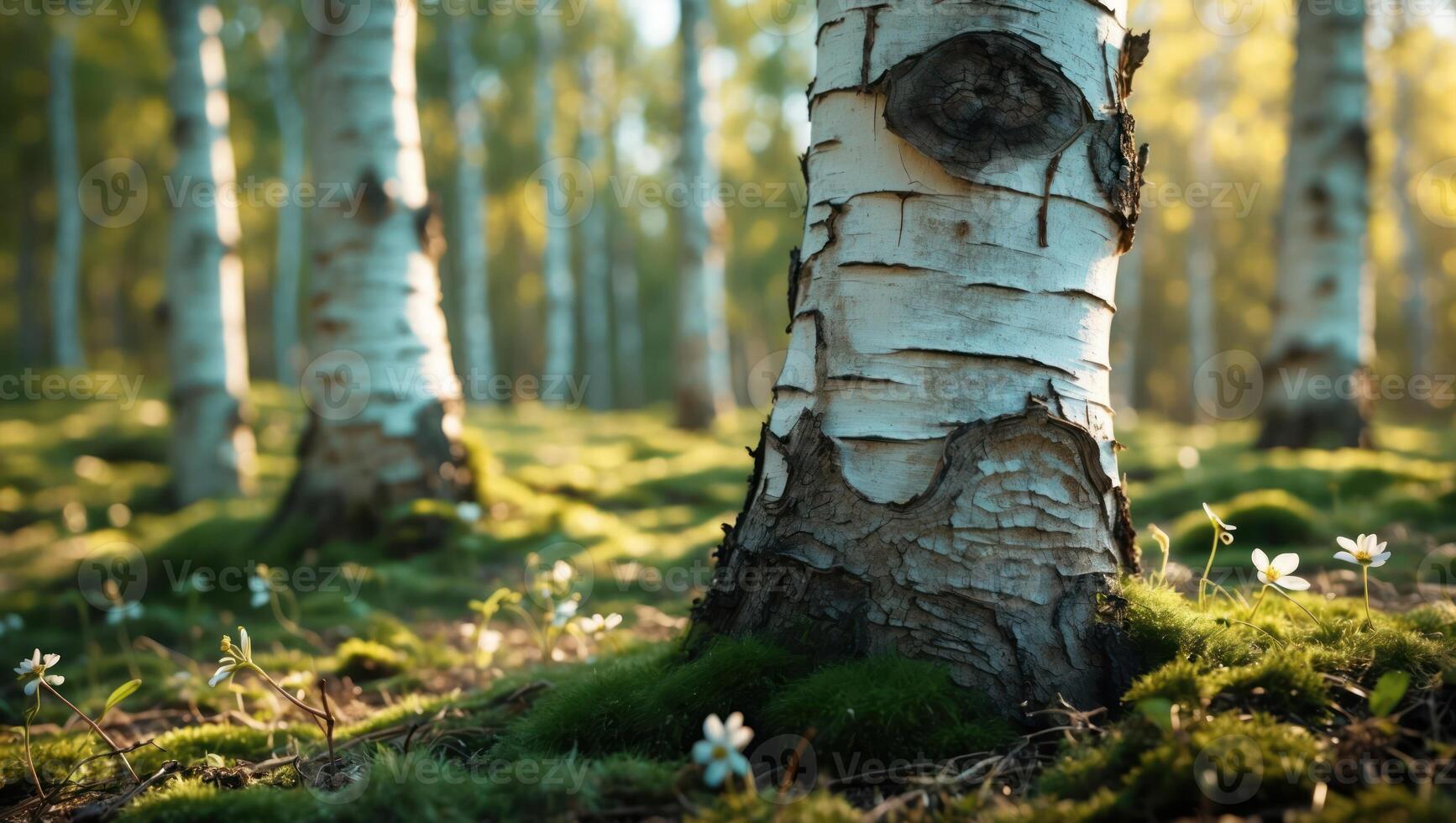 Walking in Birch Forest with Ground Flowers and Sunlight Filtering Through photo