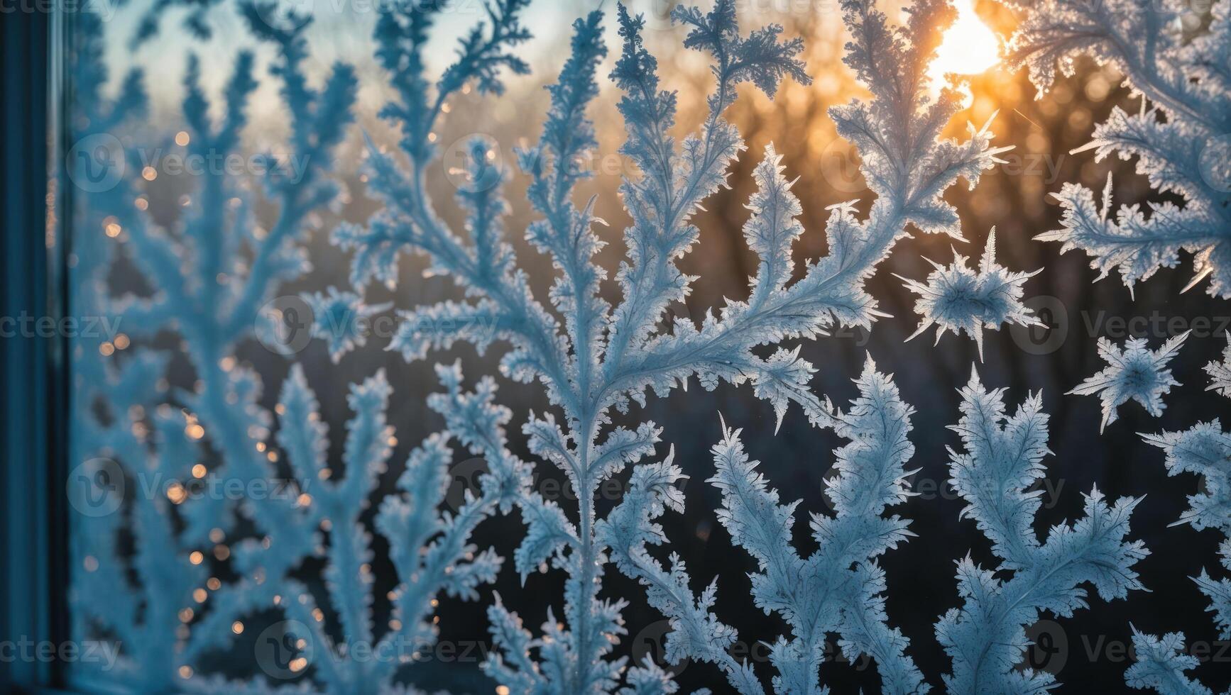 Frost Patterns on Window with Sunlight Shining Through Winter Scene photo