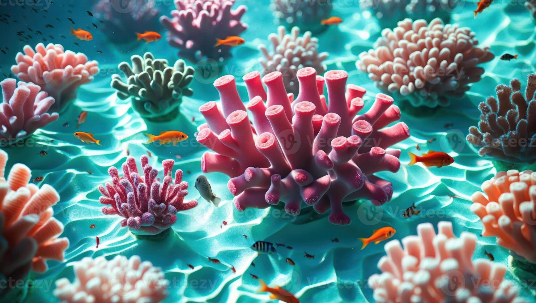 Underwater Coral Reef Scene with Colorful Corals and Small Fish photo