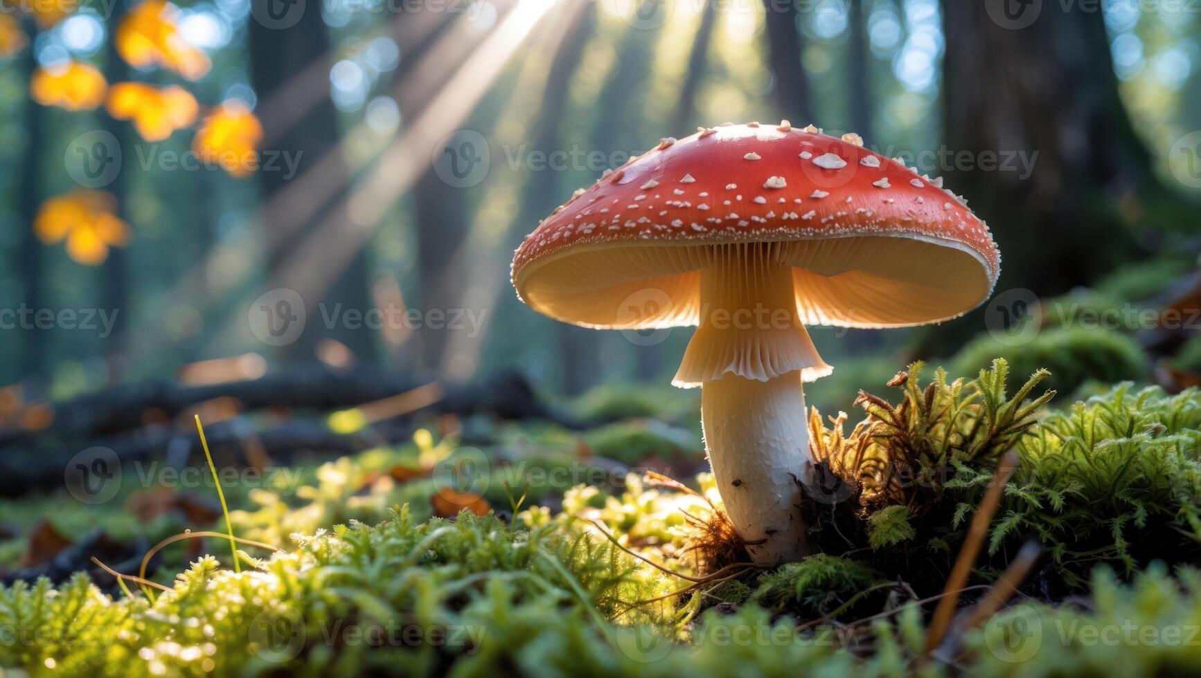 Red Mushroom Growing in Forest with Sunlight Shining Through Trees photo