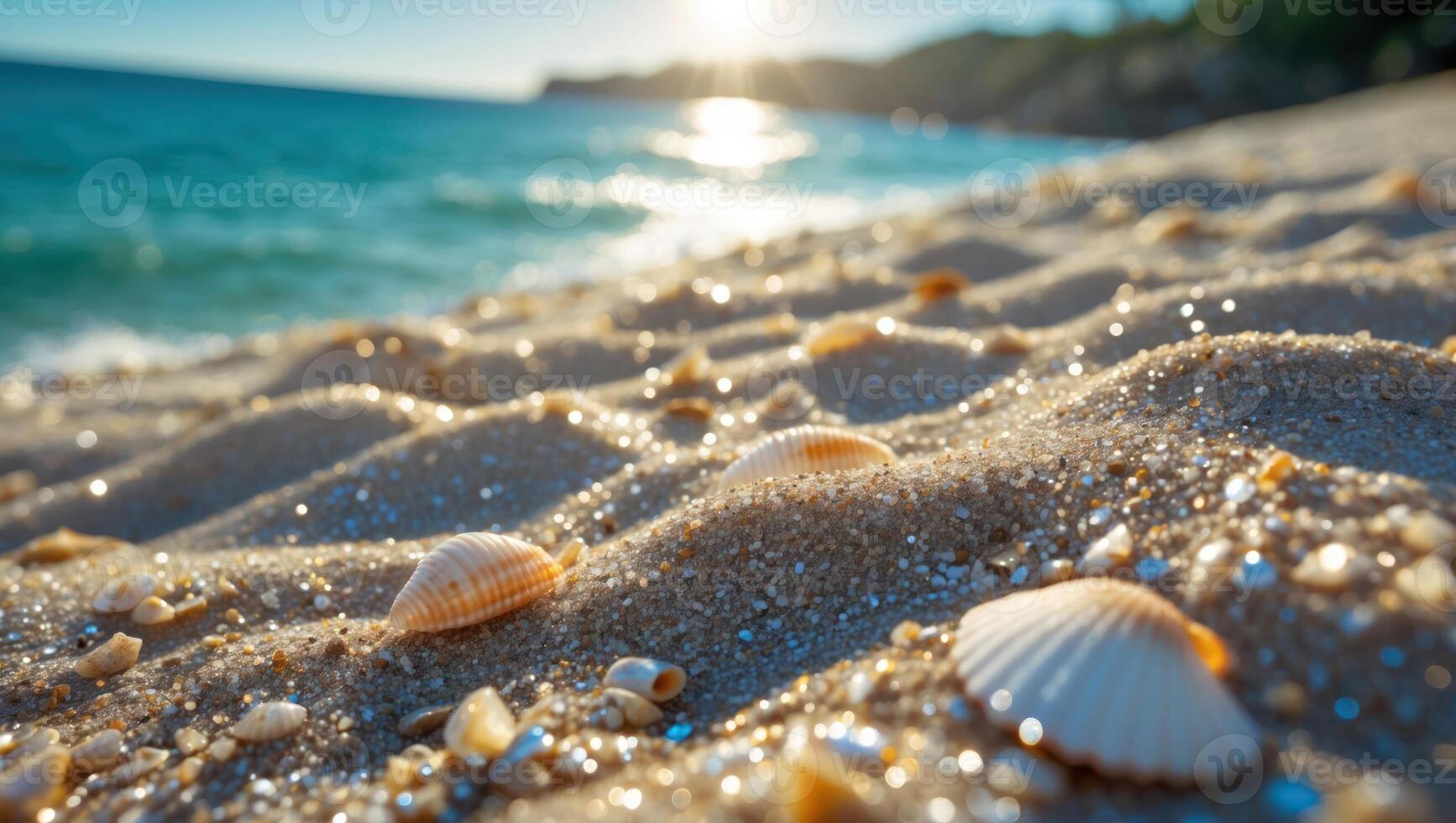 Seashells on Sandy Beach with Sparkling Grains and Ocean View photo