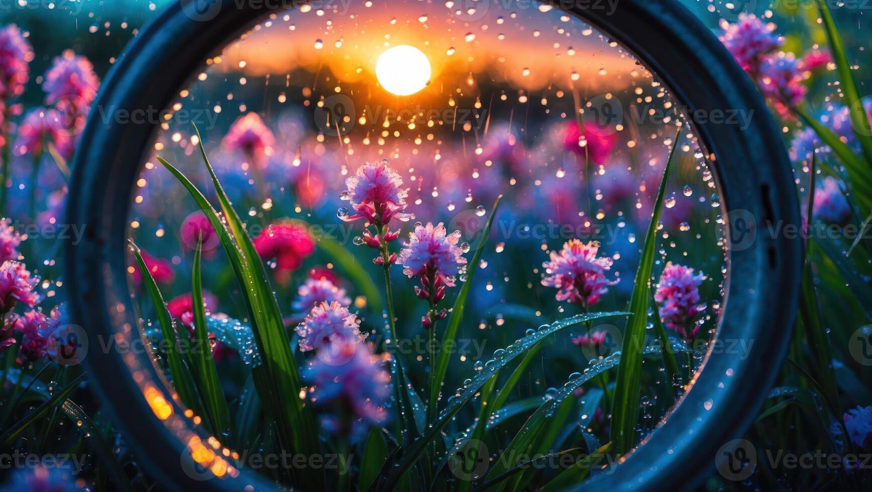 Flower Meadow at Sunset Framed by Circle Reflecting Raindrops photo