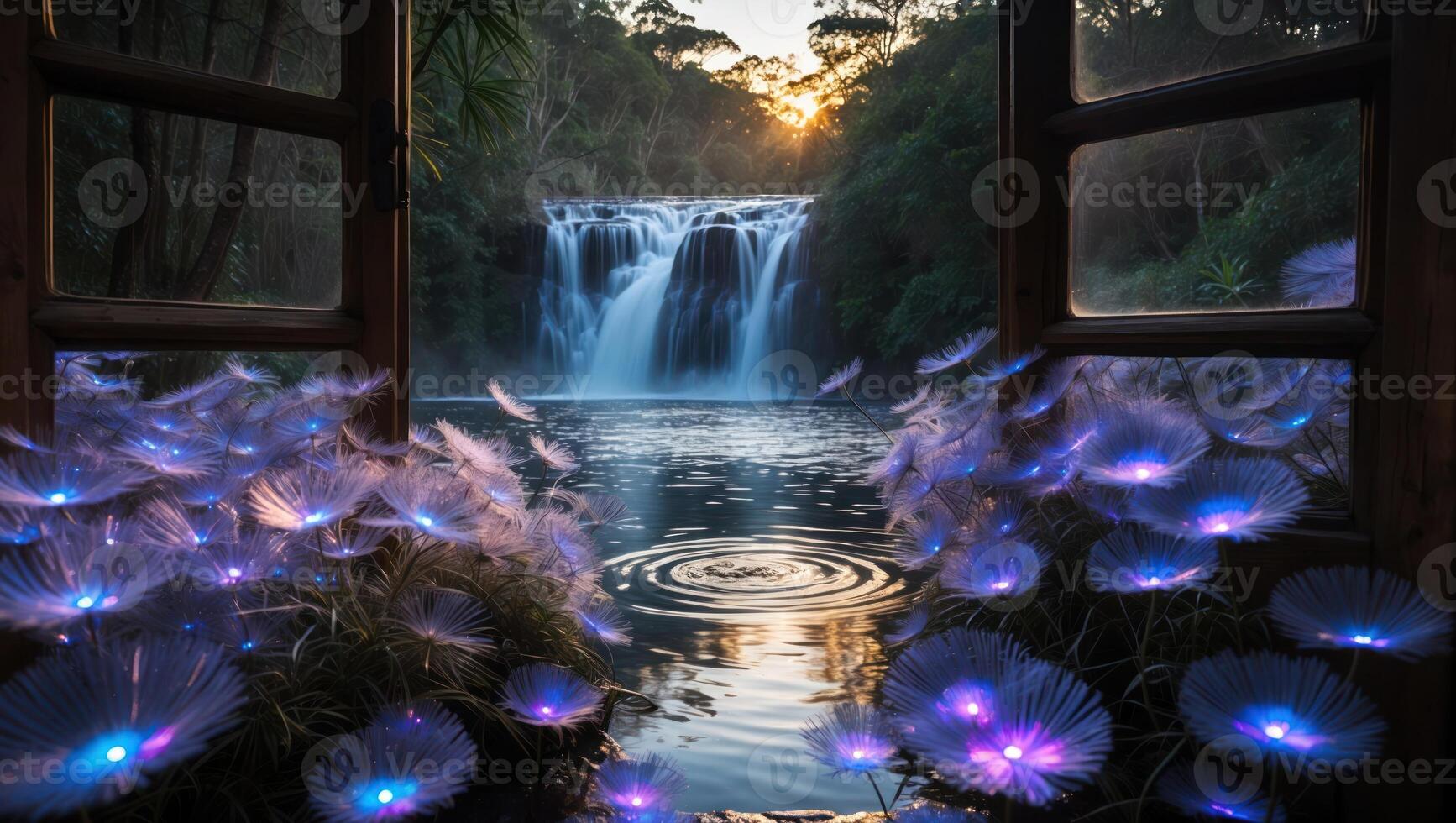 Waterfall View Through Open Window with Glowing Flowers Beside River photo