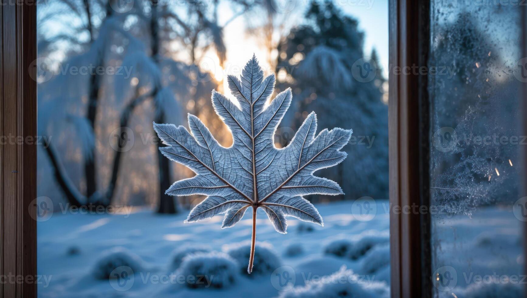 Frozen Leaf Against Snowy Winter Scene Viewed Through Window Frame photo