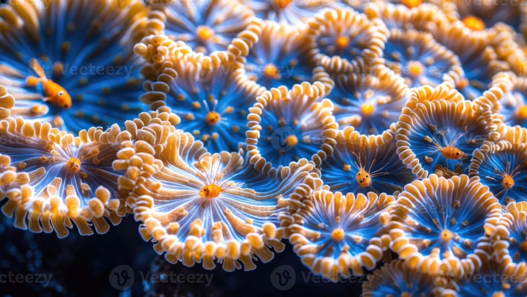 Closeup of Colorful Coral Reef Texture with Small Orange Fish Swimming photo
