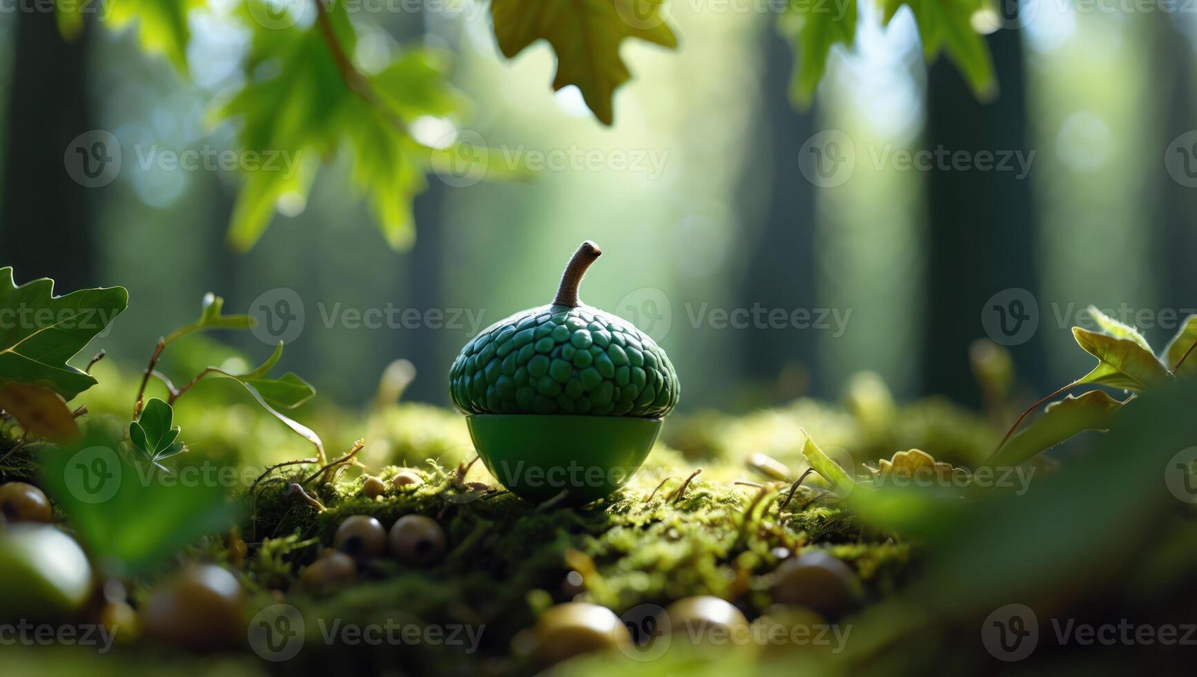Acorn on Mossy Forest Floor Surrounded by Oak Leaves and Trees photo