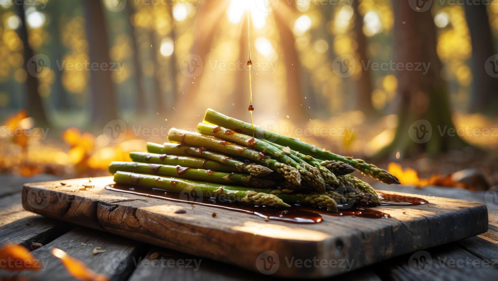 Asparagus with Sauce Drizzling on a Wooden Board in Sunlight photo