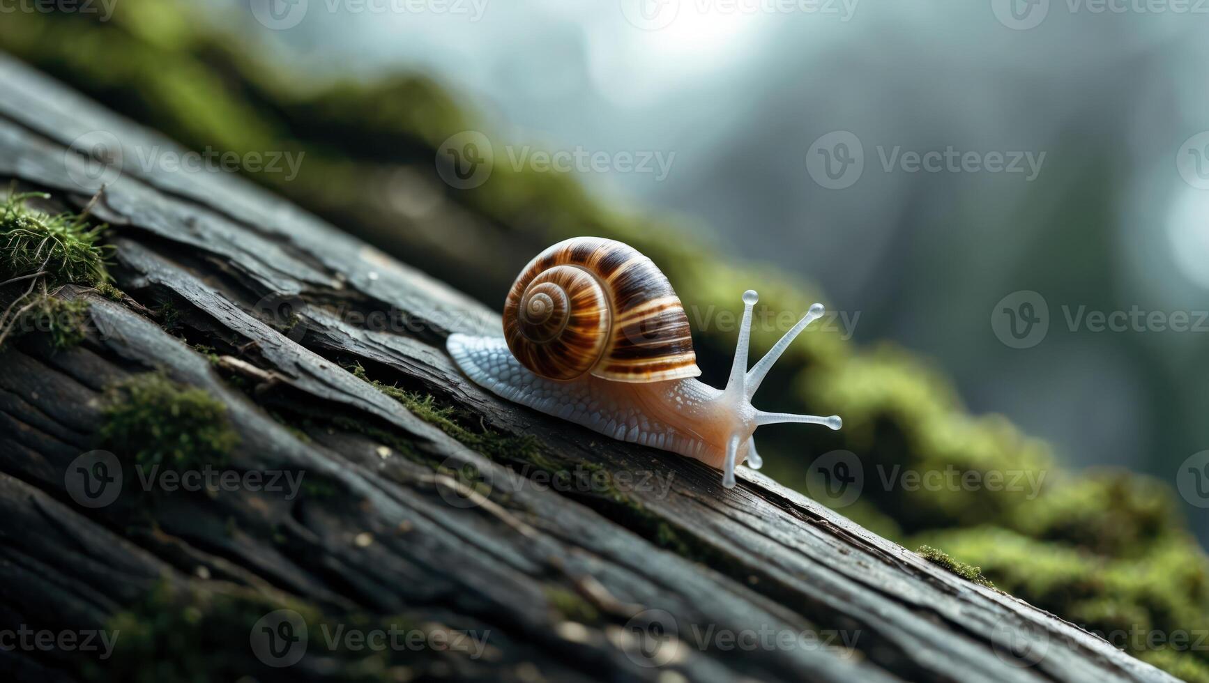 Snail Crawling on Mossy Log Exploring Nature in the Forest photo