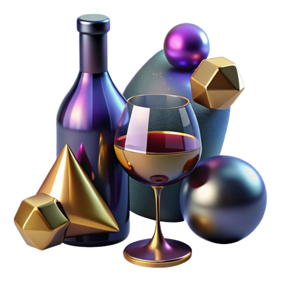dramatic minimalist Cubist Style Wine Glass and Bottle Transparent Background with Realistic Reflections high quality png