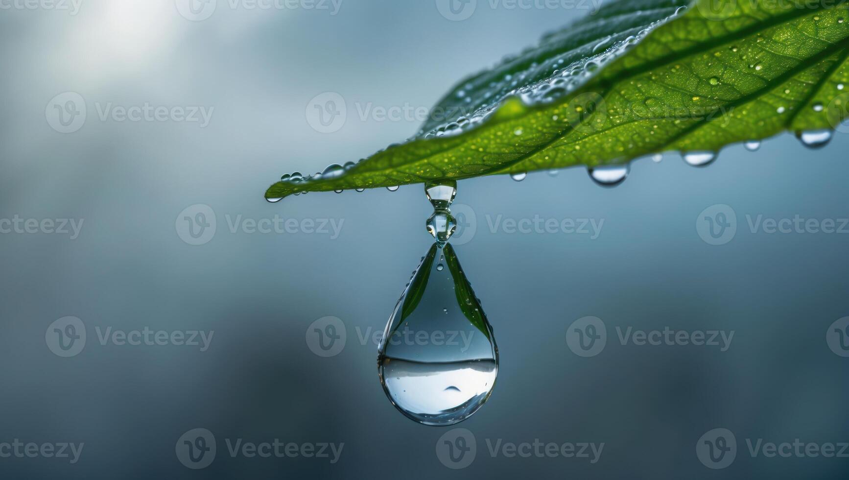 Water Drop Hanging From Green Leaf with Dew in Close-up photo