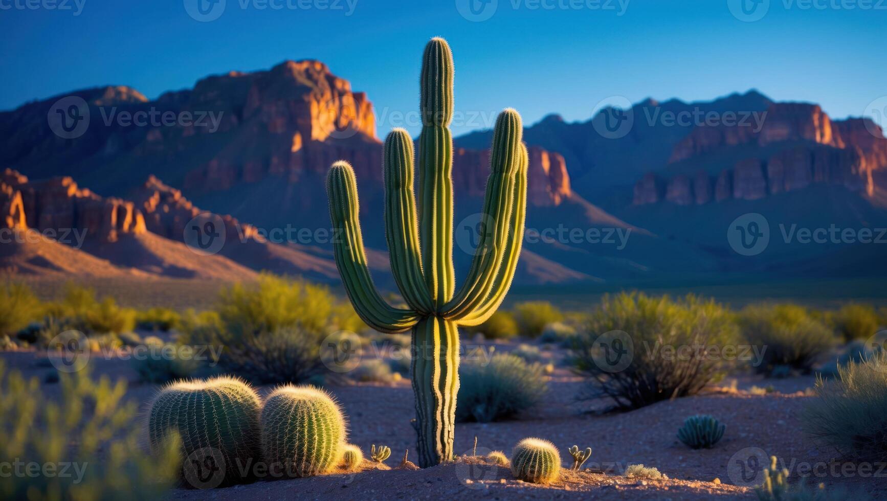 Arizona Desert Landscape with Cactus and Mountain Scenery at Sunset photo