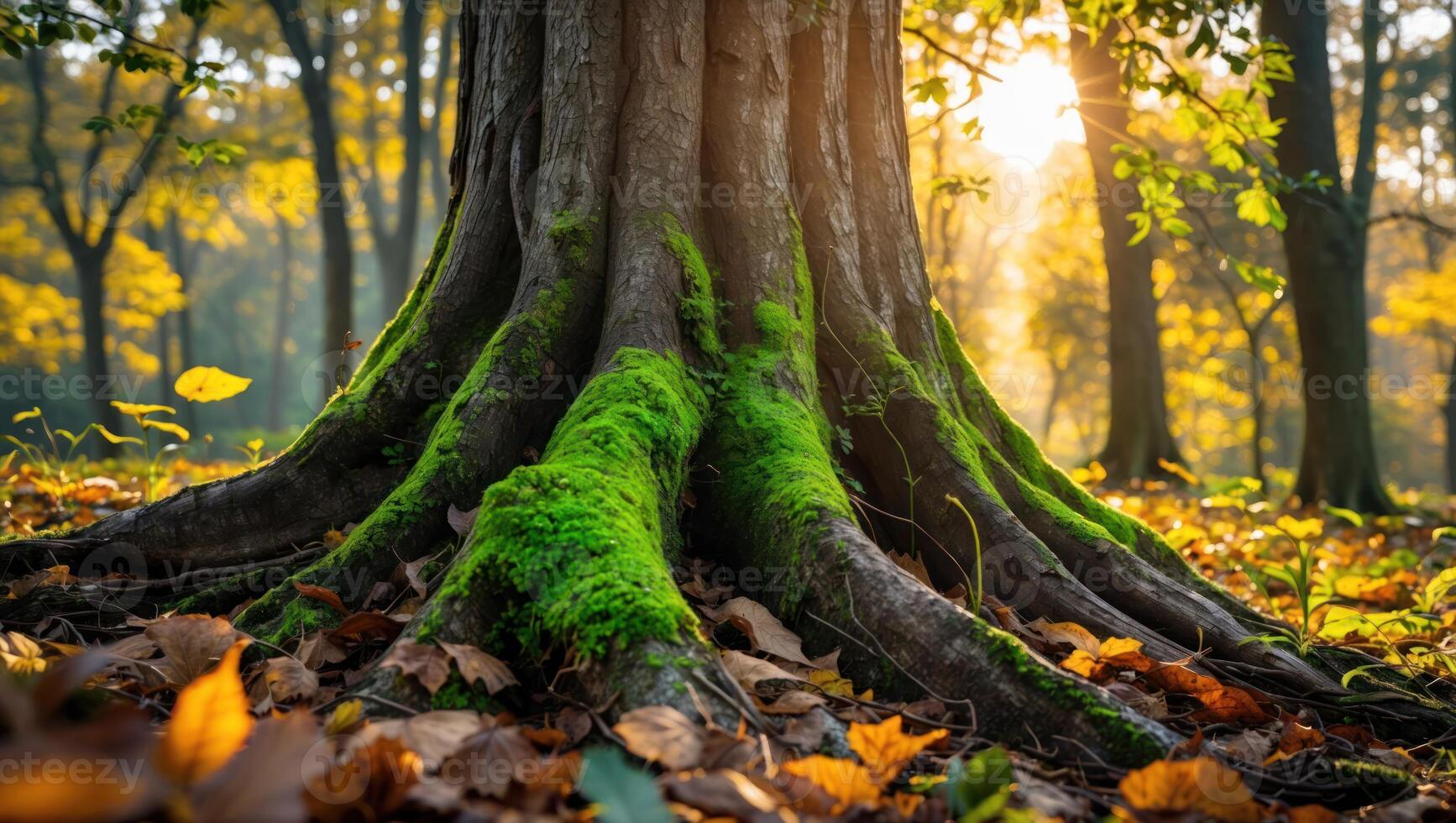 Tree Trunk Covered in Moss with Fallen Leaves at Forest photo