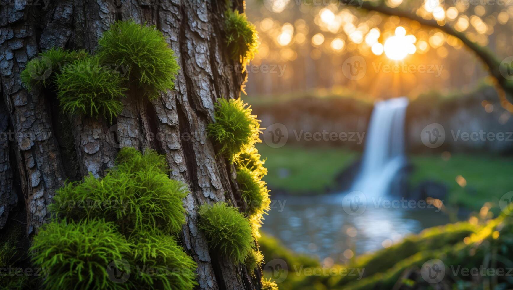 Moss Growing on Tree Trunk with Waterfall and Sunset Background photo