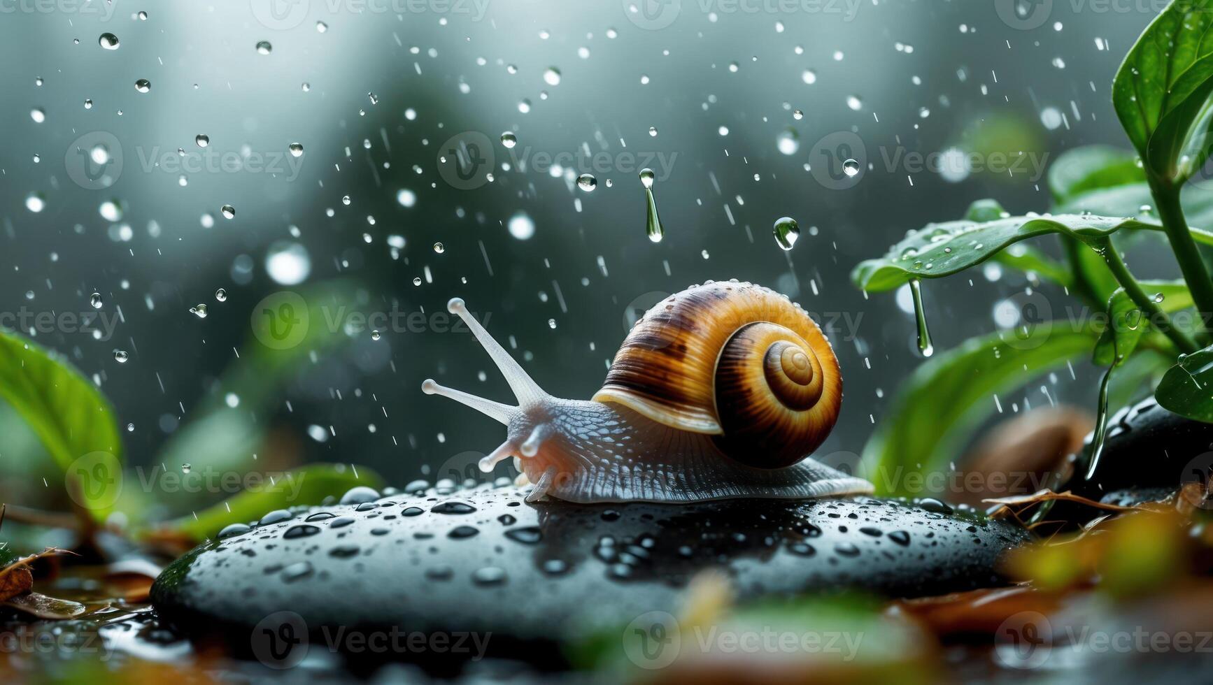 Snail Crawling on Wet Rock During Rain Shower Nature Scene photo
