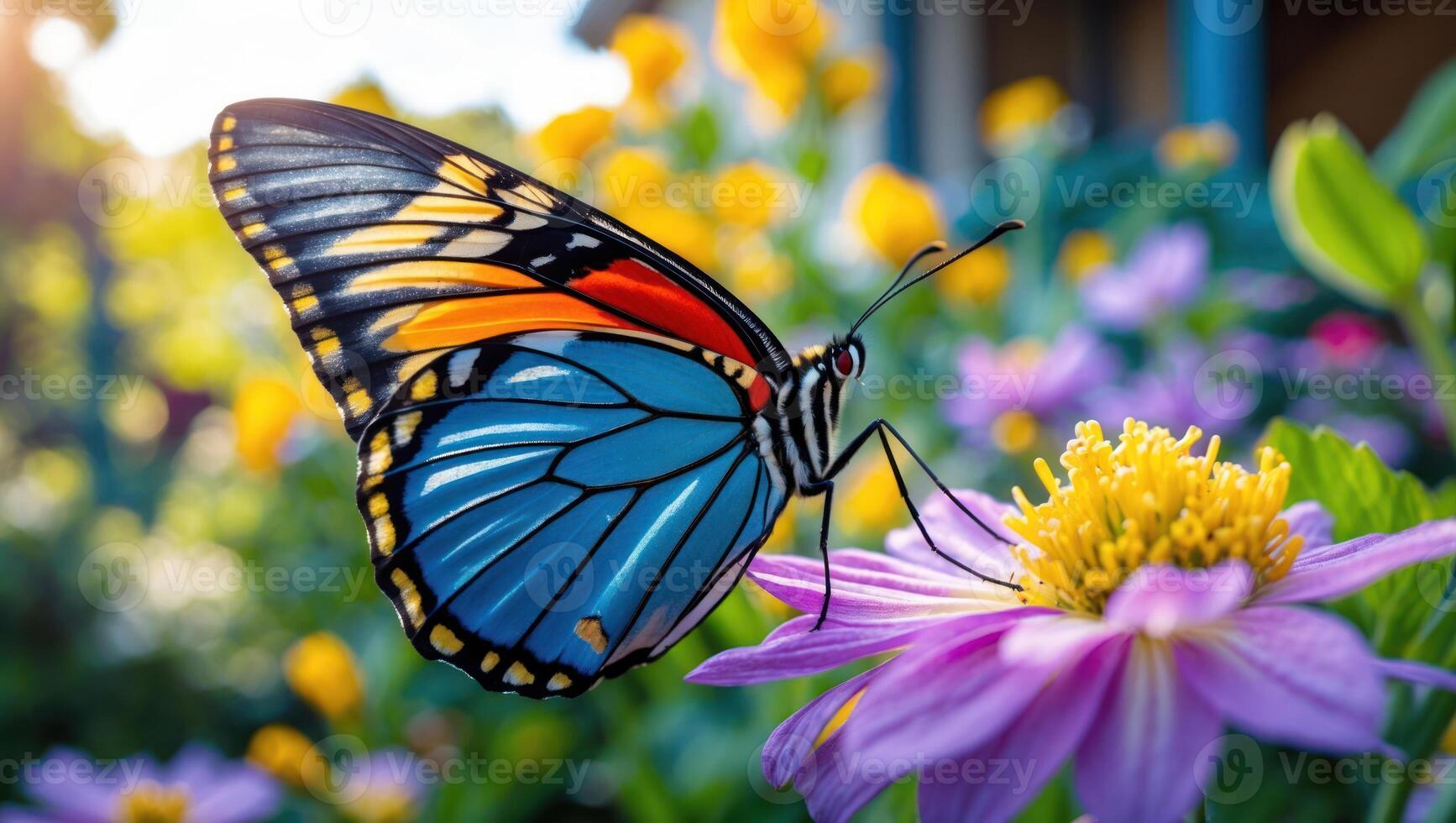 Butterfly Resting on Flower in Garden with Sunlight and Colorful Wings photo