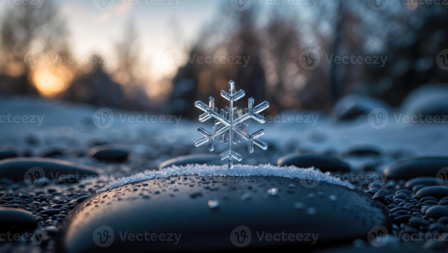 Delicate Snowflake Resting on Pebble with Winter Sunset Backdrop photo