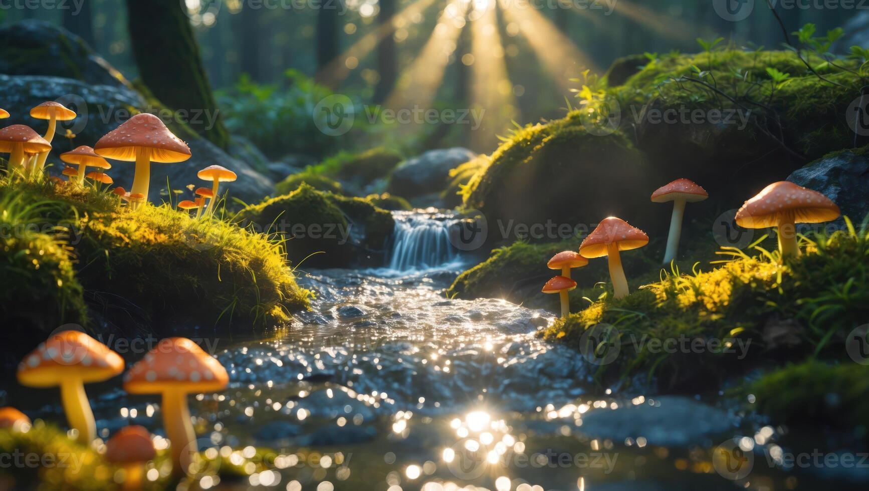 Mushrooms by Forest Stream with Sun Rays Breaking Through the Trees photo