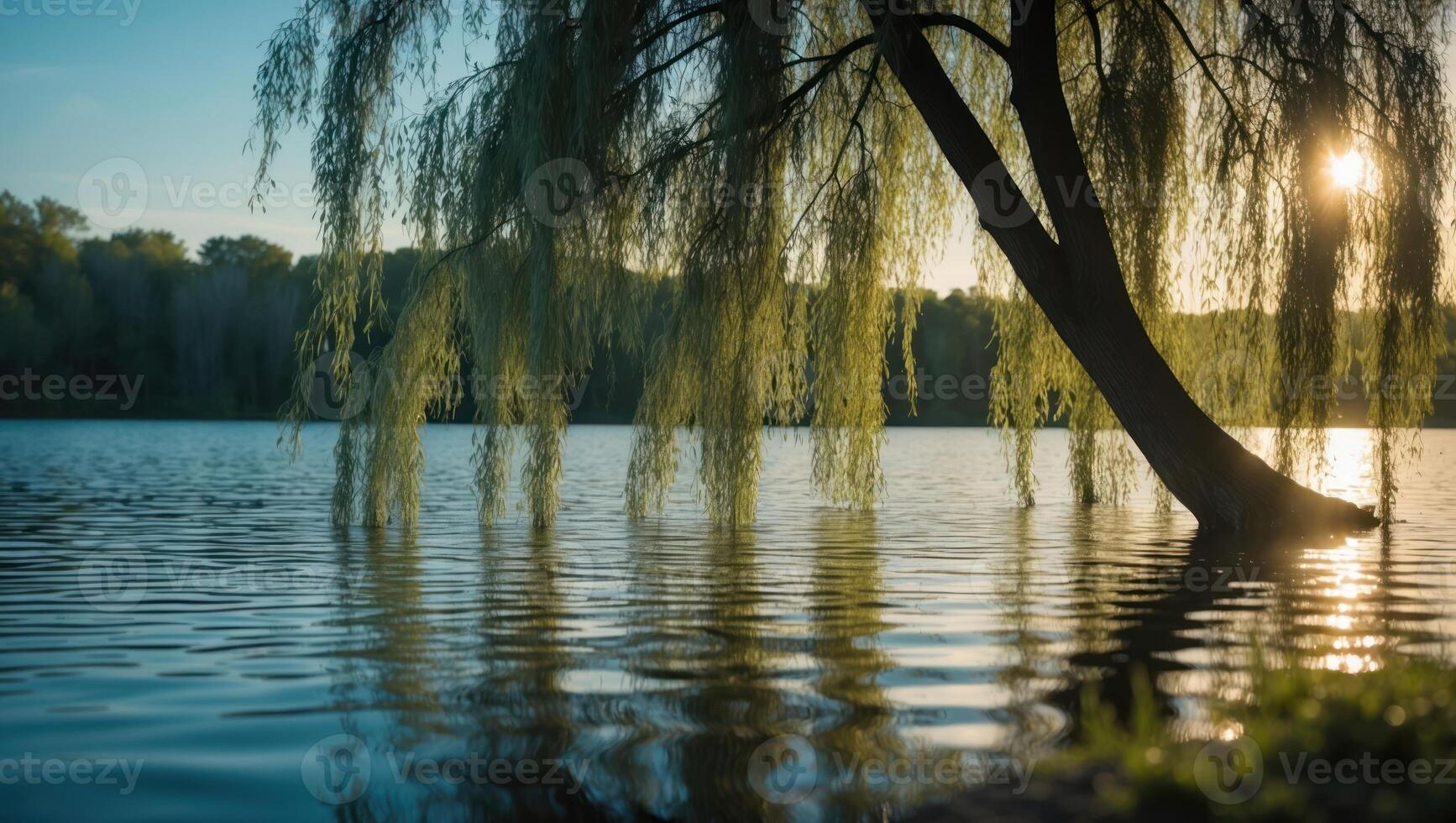 Willow Tree Reflected in Lake Water at Sunset with Golden Light photo