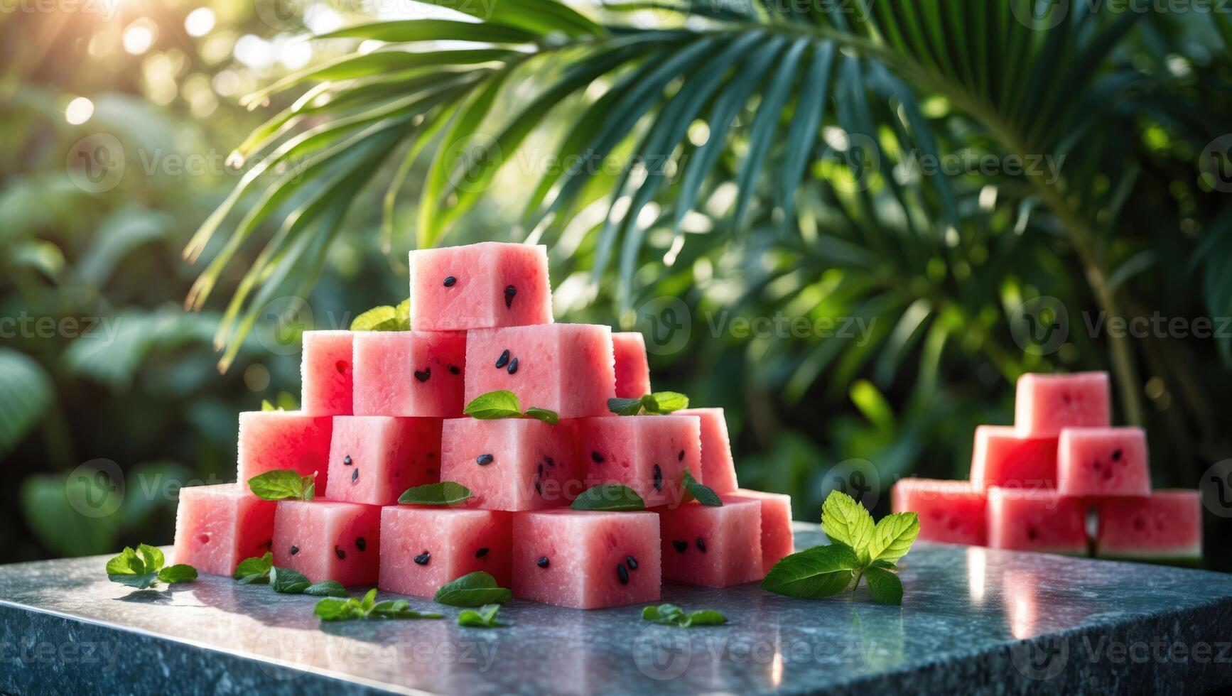 Watermelon Cubes Arranged on a Marble Surface with Tropical Backdrop photo