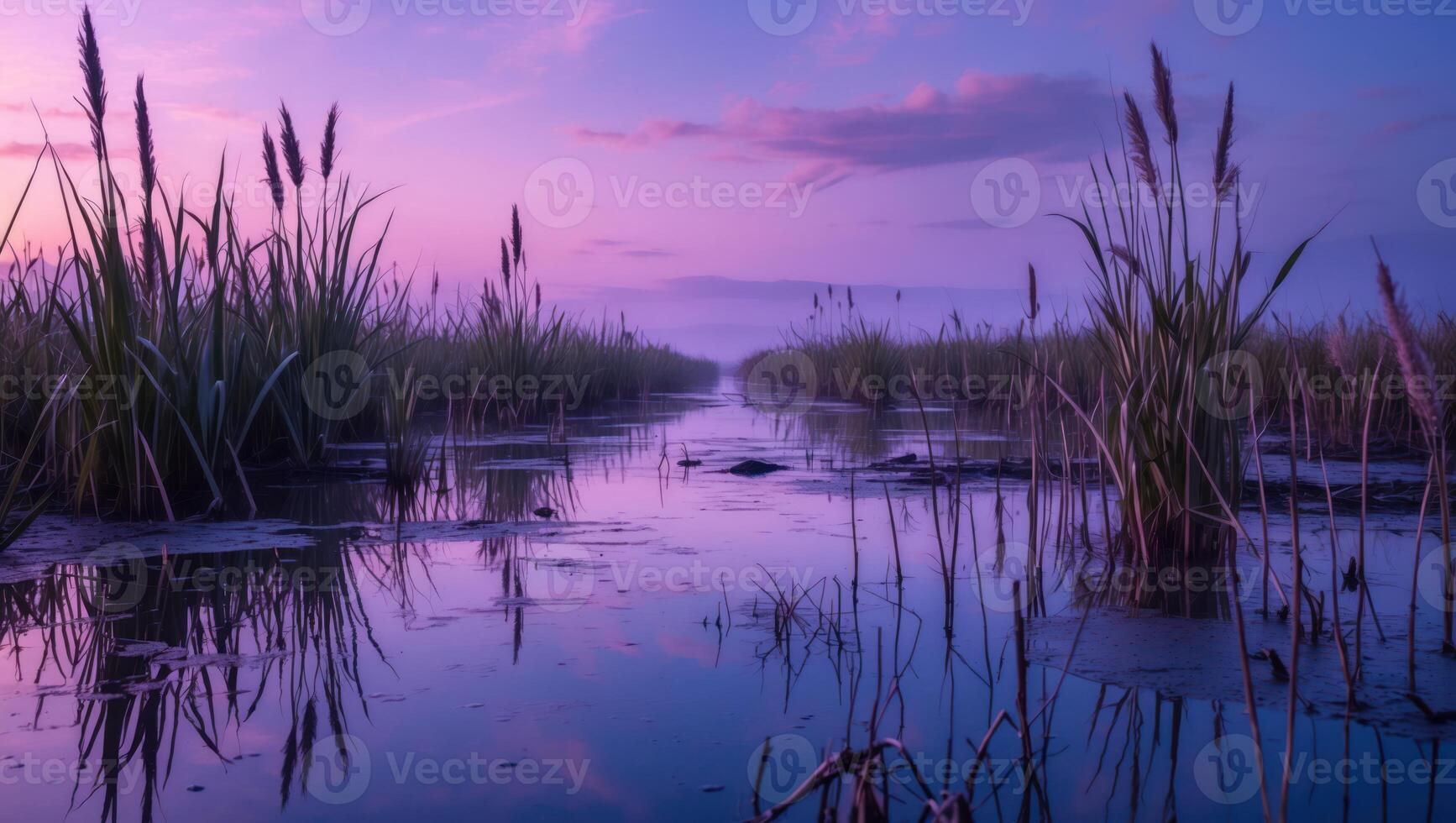 Reflecting River Flowing Through Tall Grass at Twilight Landscape photo