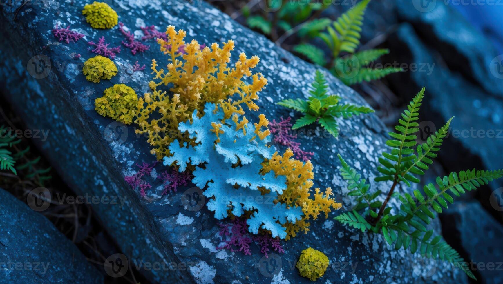 Colorful Lichen and Ferns Growing on Stone Surface Creates Unique Scene photo
