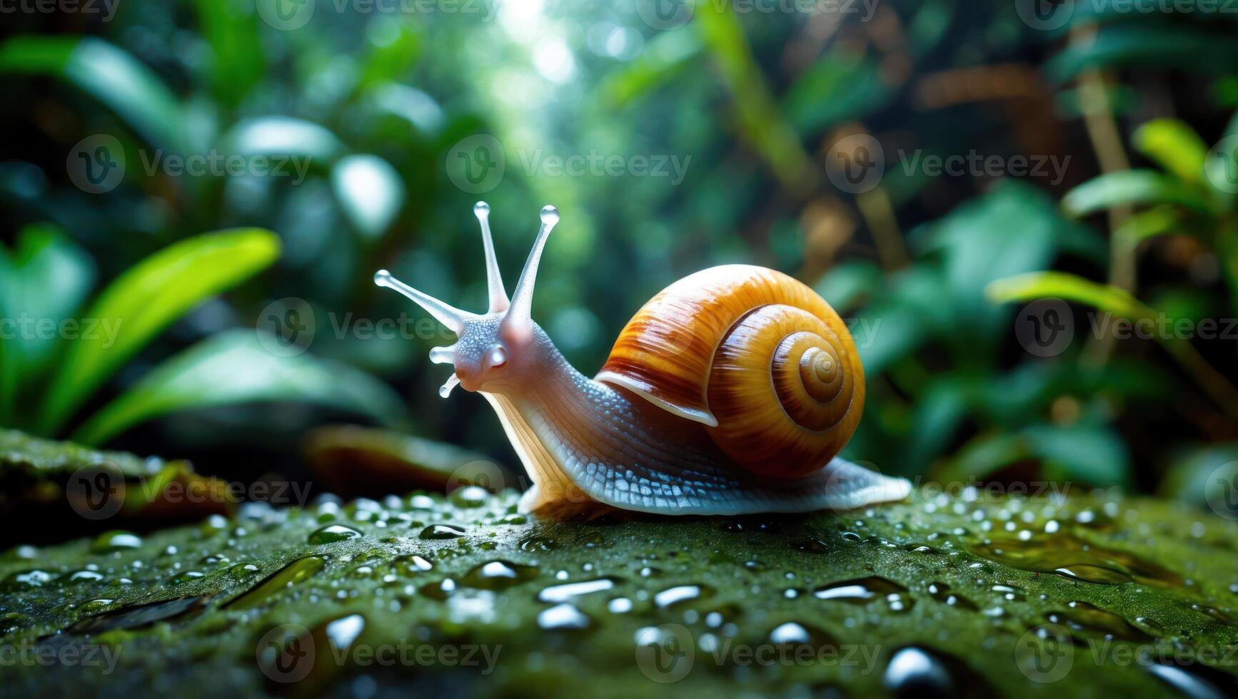 Snail Crawling on Wet Leaf in Forest Environment with Water Droplets photo
