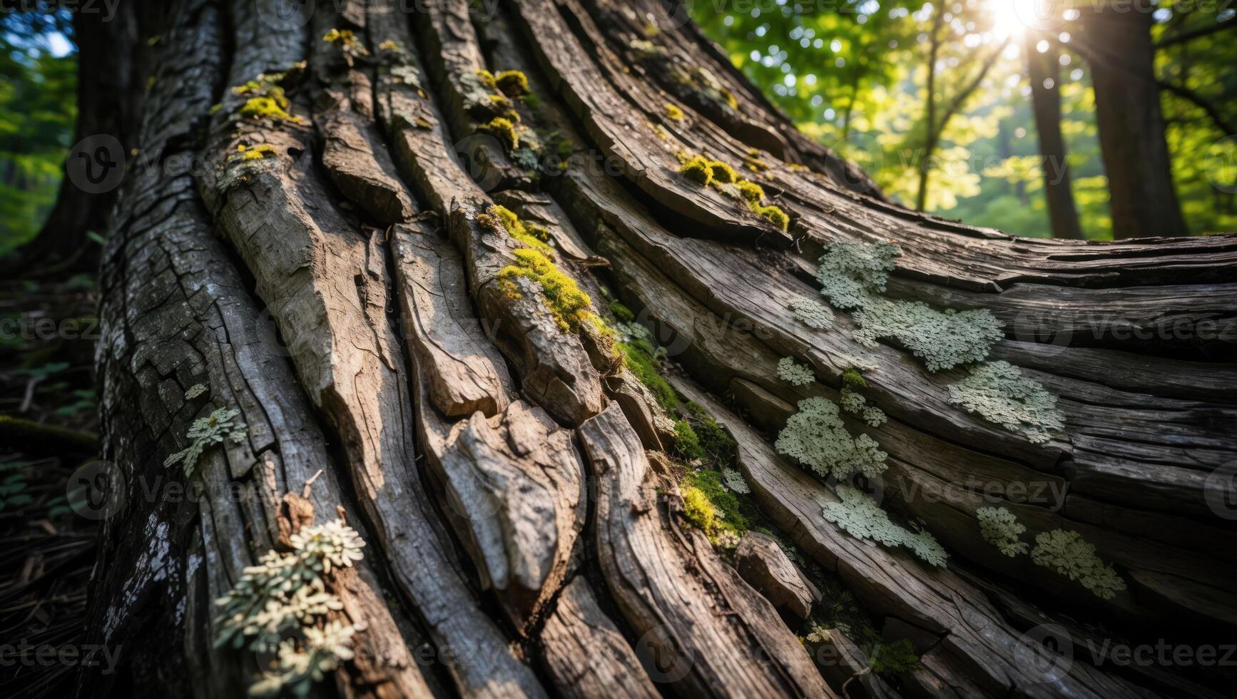 Mossy Tree Trunk Texture with Sunlight in Forest Environment photo