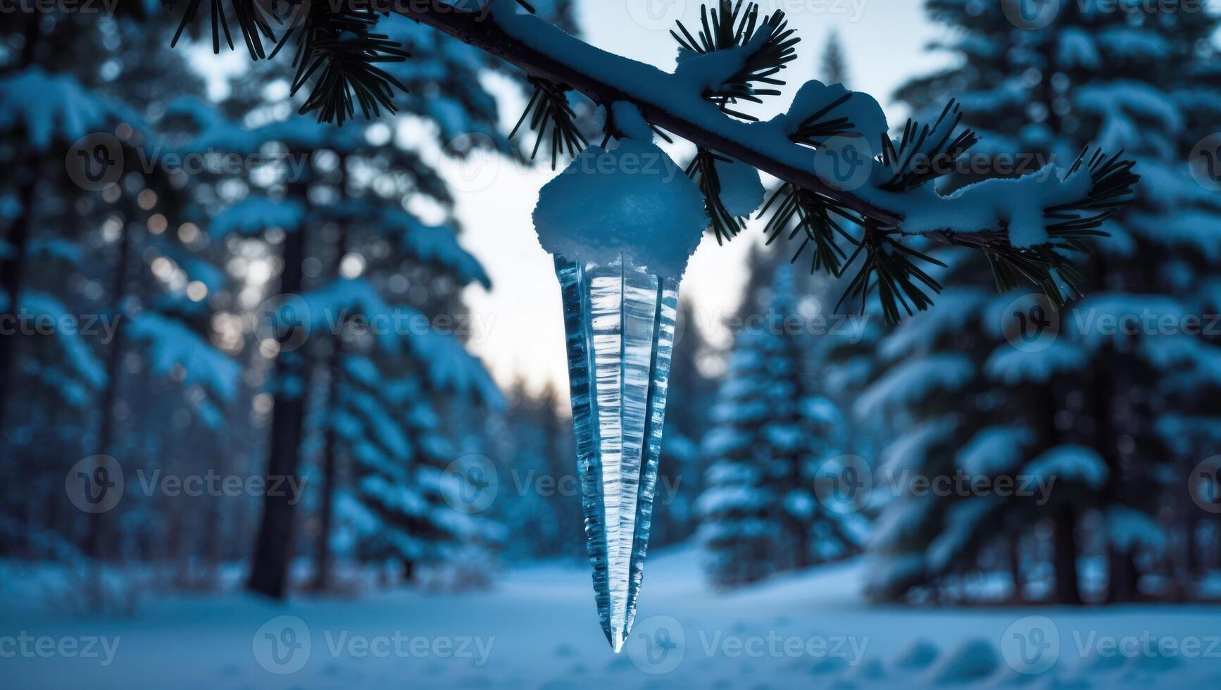 Icicle Hanging From Branch in Snowy Winter Forest Landscape photo