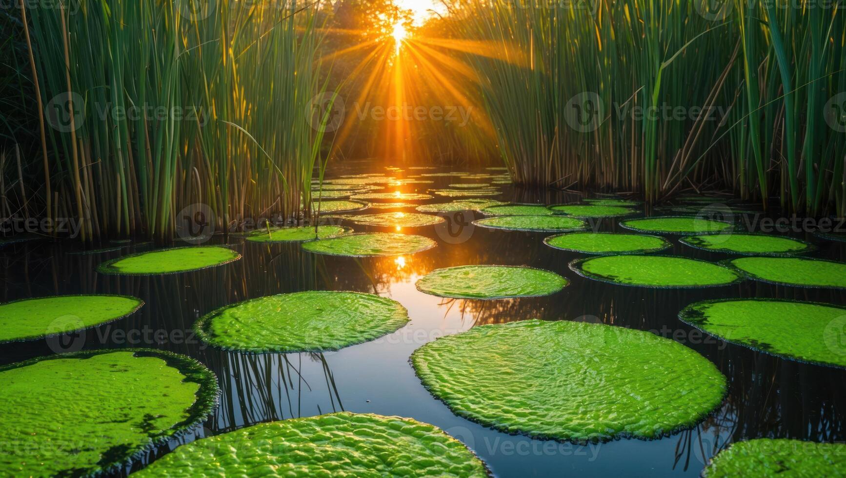Lily Pads Floating on Pond at Sunset with Sun Rays Shining photo