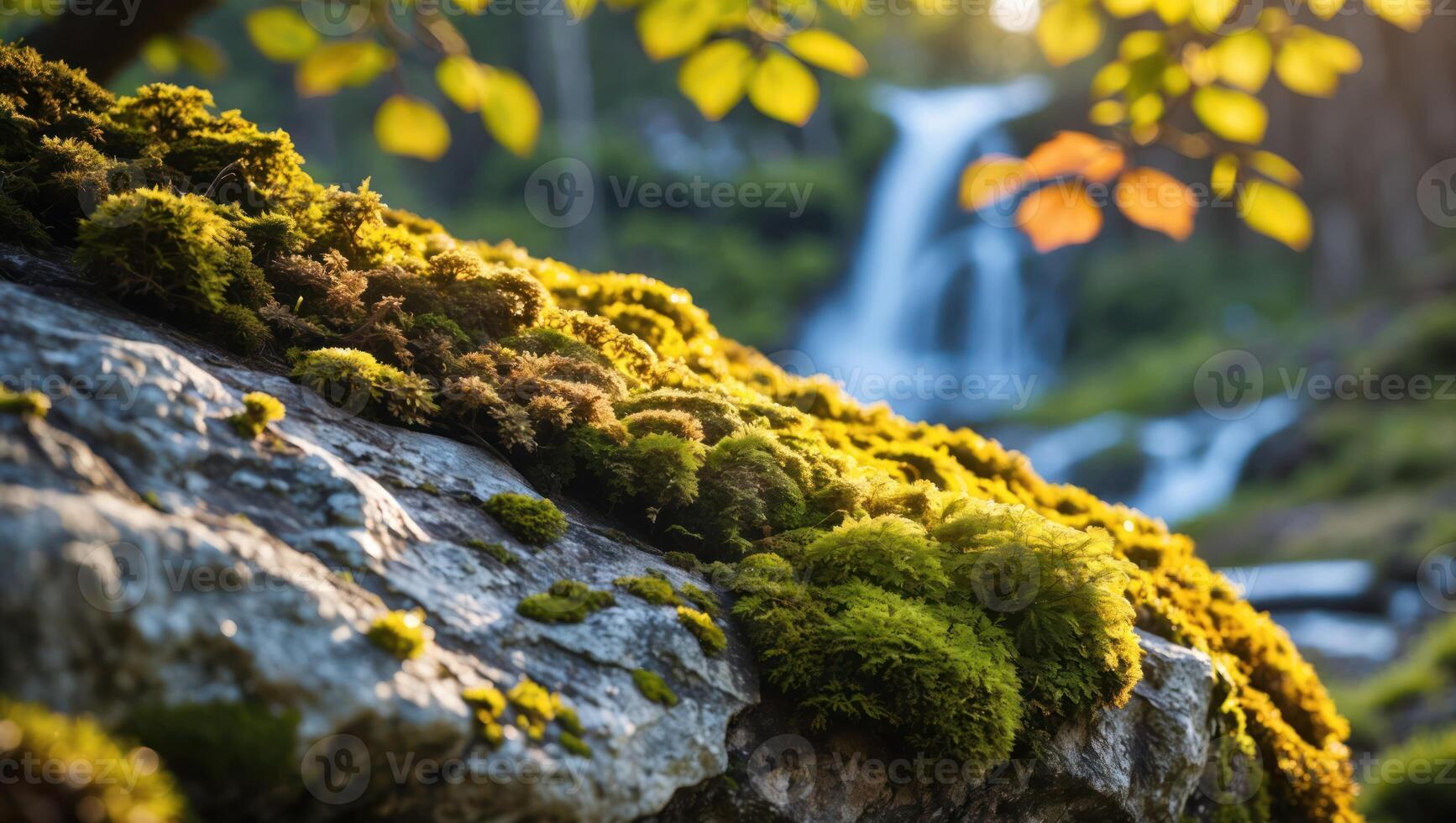 Moss Covered Rock Near Waterfall with Sunlight Through Tree Leaves photo