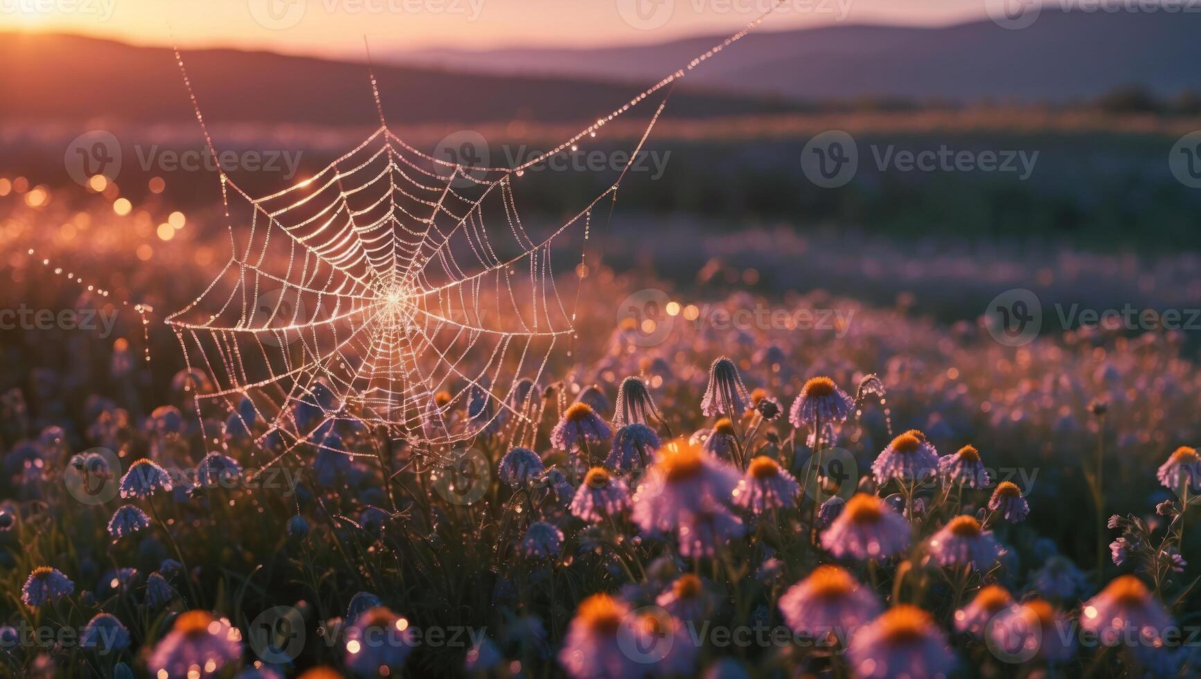 Spiderweb with Dew Drops in Field of Flowers at Sunrise photo