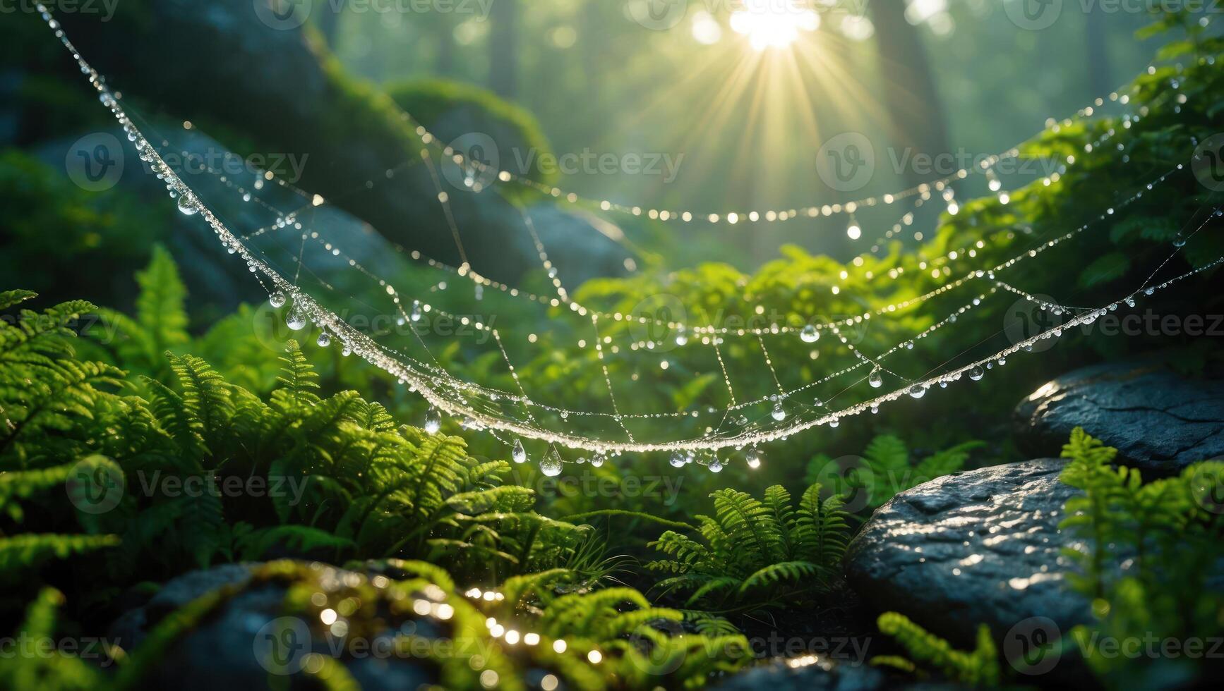 Dew Drops on Spiderweb Shines in Forest with Sun Rays photo