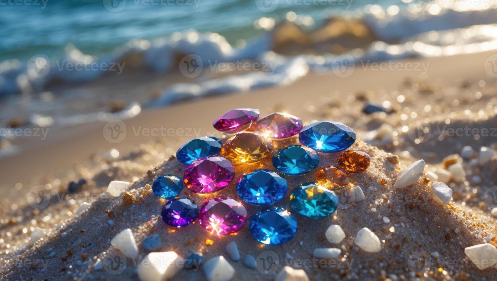 Gems on Sand Colorful Jewels Sparkling Near Ocean Waves photo